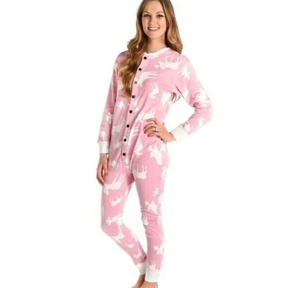 Lazy One Womens Pajamas One Piece Jumpsuit Pink XL Moose Print Flap Jack Cotton - Picture 2 of 14
